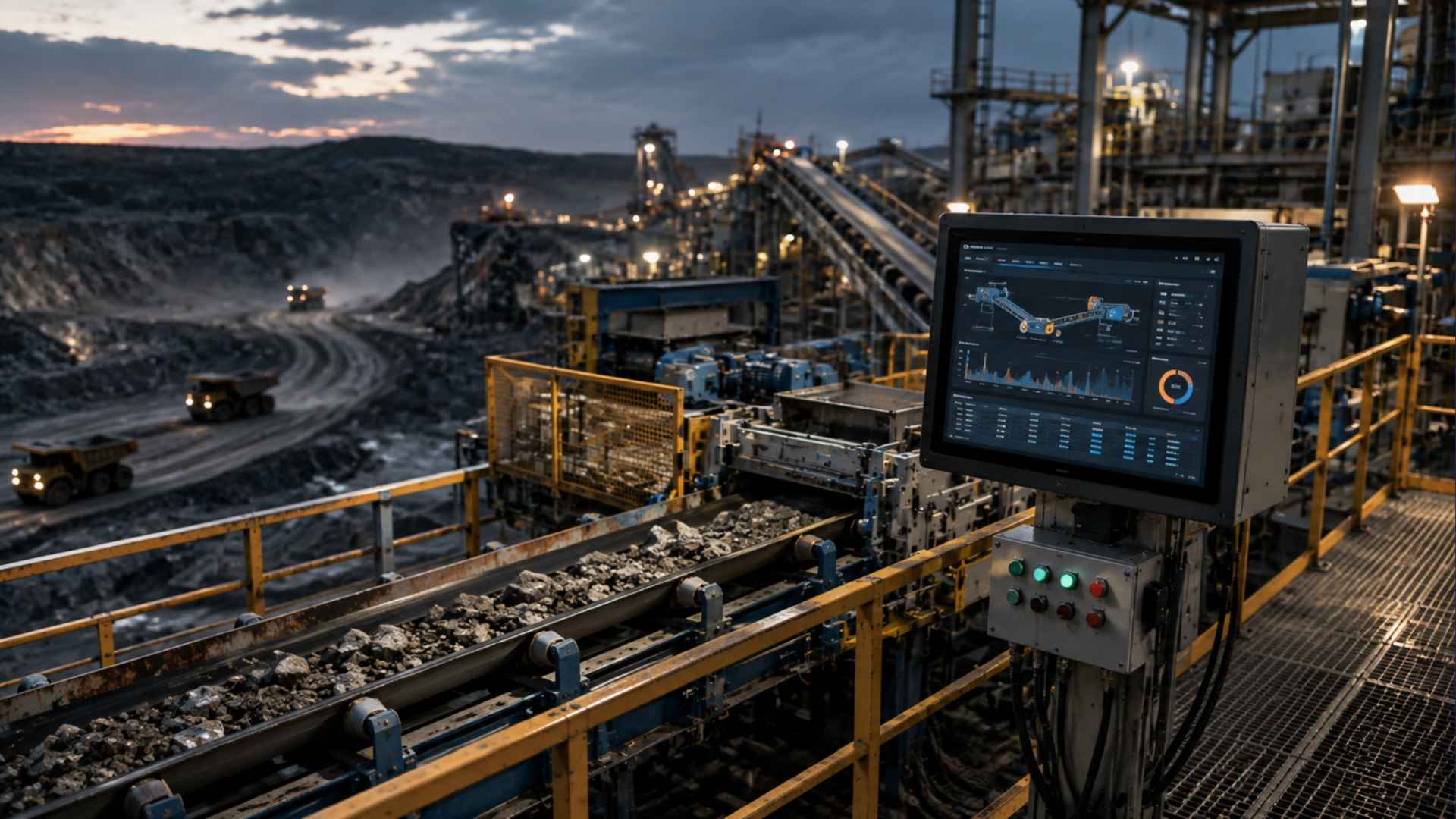 Industrial automation system monitoring conveyor operations at a mining site using real-time production data and analytics.
