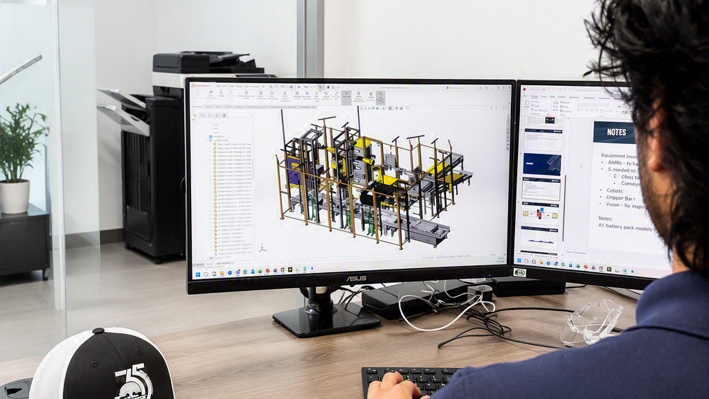Engineer reviewing automation system CAD models and production requirements during project concept development.