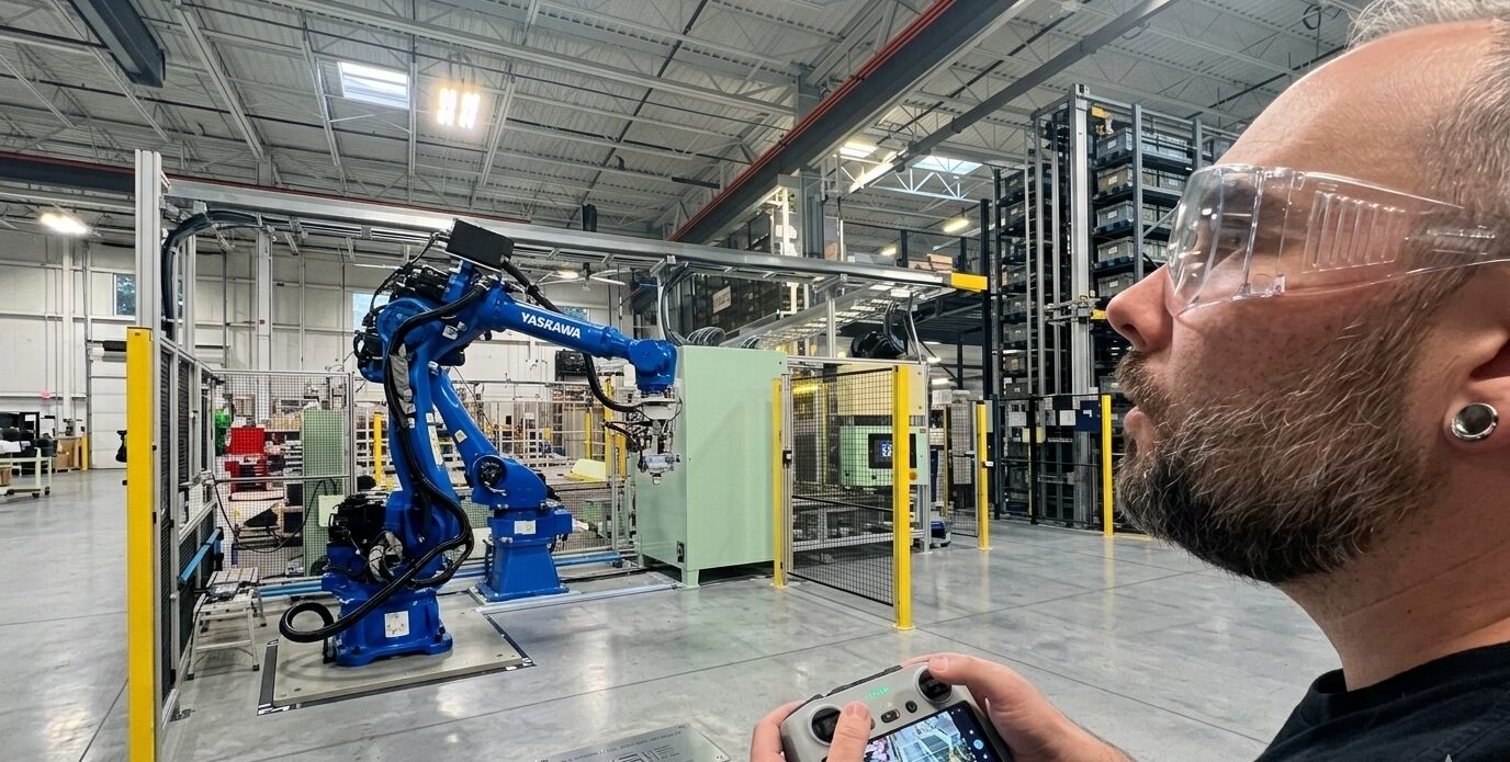 Technician monitoring a Yaskawa industrial robot operating inside an automated manufacturing cell.